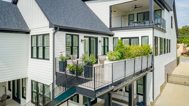 view of home's exterior featuring ceiling fan