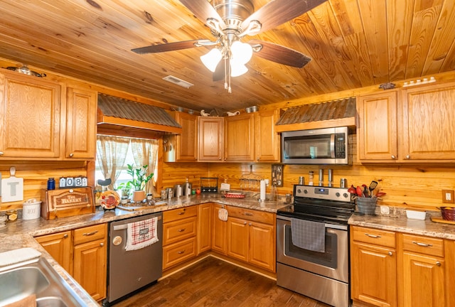 kitchen with wood walls, ceiling fan, dark hardwood / wood-style floors, wooden ceiling, and appliances with stainless steel finishes