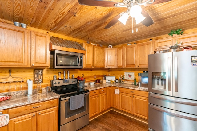 kitchen with dark hardwood / wood-style floors, wooden ceiling, stainless steel appliances, ceiling fan, and light stone counters