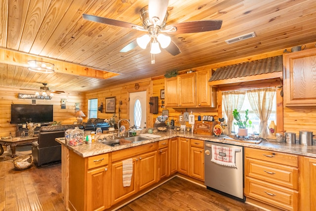 kitchen featuring wooden walls, dishwasher, dark hardwood / wood-style flooring, kitchen peninsula, and ceiling fan