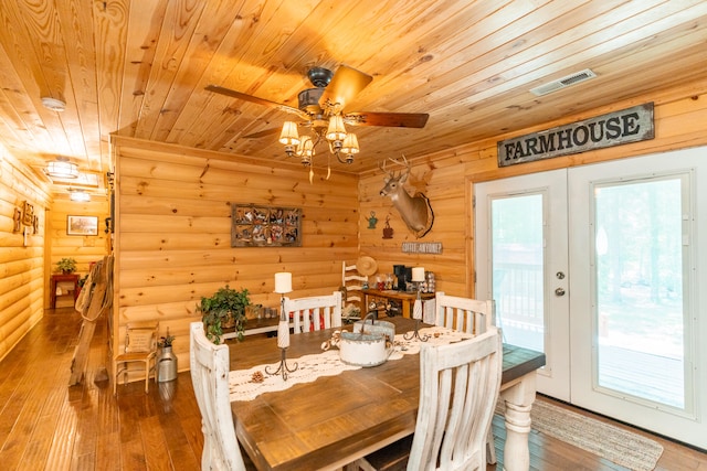 dining space featuring wood ceiling, french doors, hardwood / wood-style floors, and ceiling fan