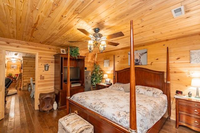 bedroom with ceiling fan, wooden ceiling, dark hardwood / wood-style flooring, and wooden walls