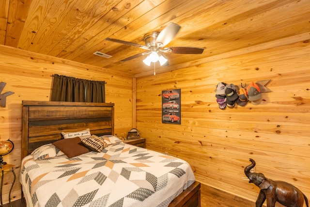 bedroom featuring ceiling fan, wooden walls, and wooden ceiling