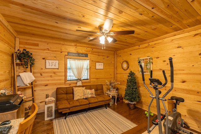 living room featuring ceiling fan, wooden ceiling, wooden walls, and hardwood / wood-style flooring