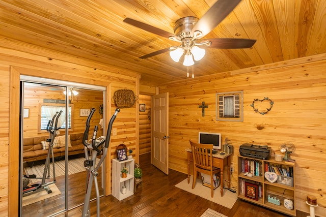 bedroom with wooden ceiling, hardwood / wood-style floors, and wood walls