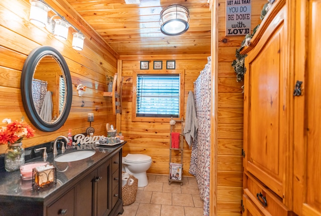 bathroom featuring wooden walls, tile patterned floors, wood ceiling, toilet, and vanity