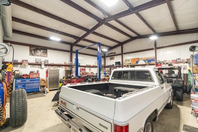 garage with a workshop area