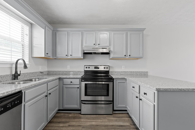 kitchen featuring dark hardwood / wood-style flooring, stainless steel appliances, sink, and gray cabinetry