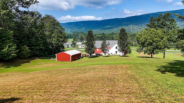 view of yard with an outbuilding and a mountain view