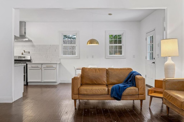 living room with baseboards and dark wood-type flooring