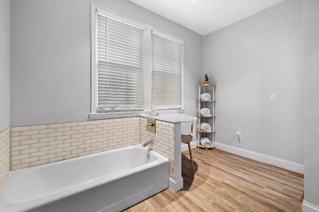 bathroom with hardwood / wood-style flooring and a bathing tub