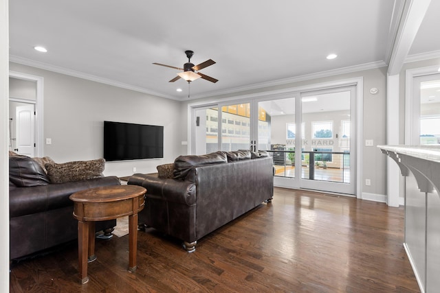 living room featuring dark wood finished floors, recessed lighting, a ceiling fan, and ornamental molding