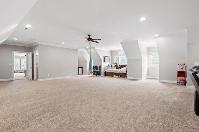 interior space featuring recessed lighting, baseboards, and carpet floors