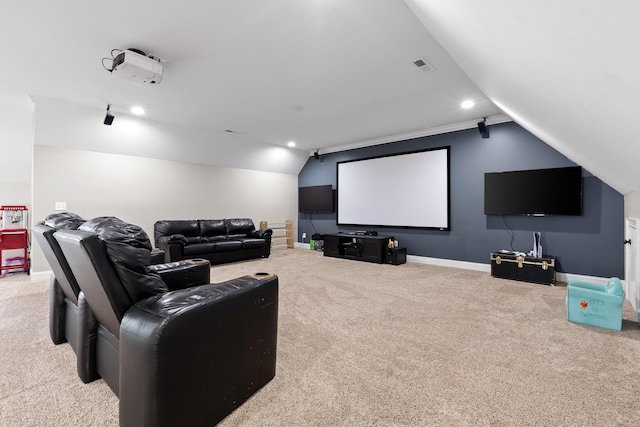 cinema room featuring visible vents, recessed lighting, carpet flooring, baseboards, and vaulted ceiling