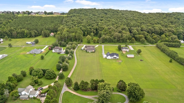 birds eye view of property with a view of trees and a rural view