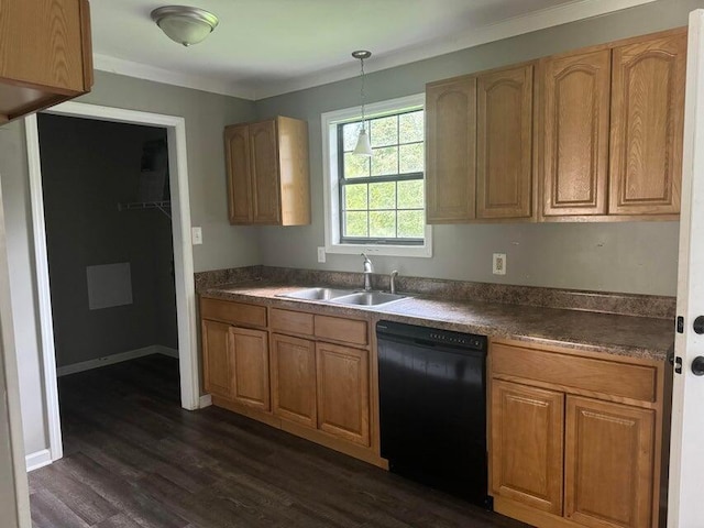 kitchen featuring dark hardwood / wood-style floors, black dishwasher, pendant lighting, crown molding, and sink