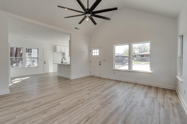 unfurnished living room with ceiling fan, light hardwood / wood-style floors, sink, and high vaulted ceiling