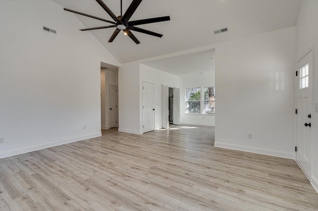 interior space featuring high vaulted ceiling, ceiling fan, light hardwood / wood-style floors, and a wealth of natural light