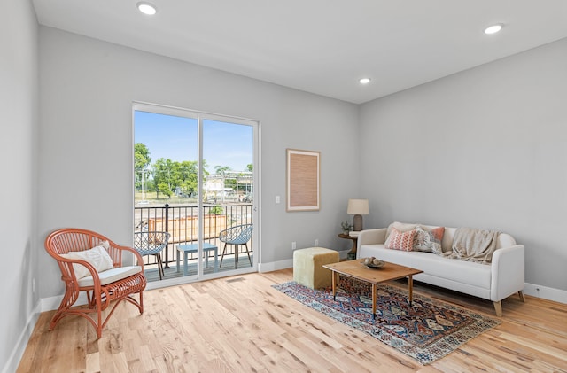 living area with light hardwood / wood-style flooring