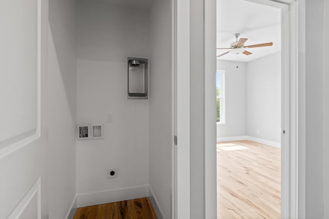 washroom featuring washer hookup, ceiling fan, electric dryer hookup, and light wood-type flooring