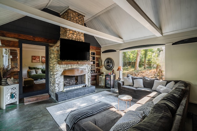 living room with wooden ceiling, lofted ceiling with beams, and a stone fireplace