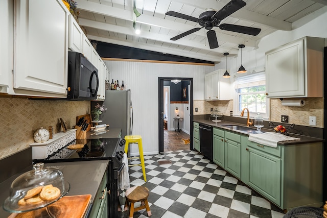 kitchen with green cabinets, white cabinetry, black appliances, ceiling fan, and vaulted ceiling with beams