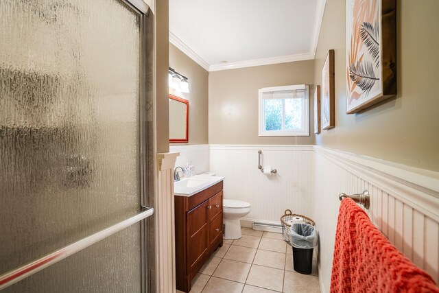 bathroom featuring an enclosed shower, tile patterned floors, toilet, vanity, and ornamental molding