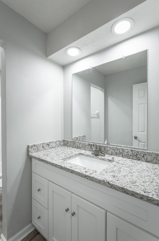 bathroom with vanity, a textured ceiling, and wood-type flooring