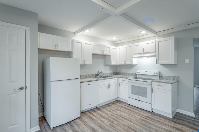 kitchen featuring white cabinets, light hardwood / wood-style flooring, white appliances, light stone counters, and sink