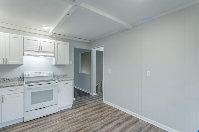 kitchen with light wood-type flooring, white electric range oven, and white cabinets