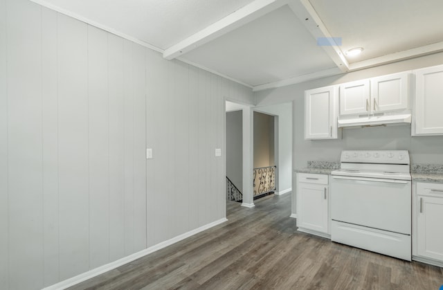 kitchen with white electric range, dark wood-type flooring, light stone counters, and white cabinetry