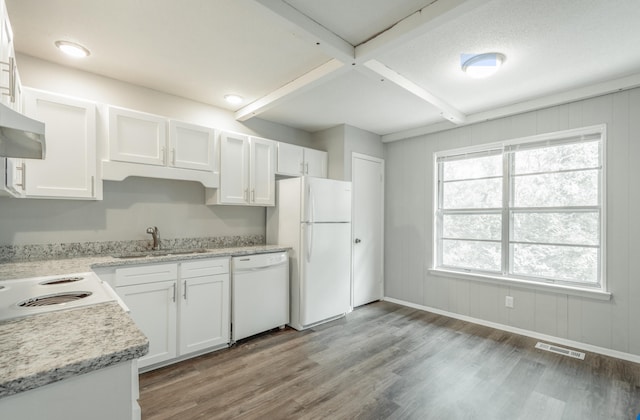 kitchen with white cabinets, white appliances, sink, and light hardwood / wood-style flooring