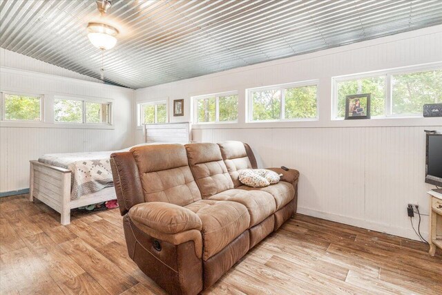 living room with light wood-type flooring and lofted ceiling