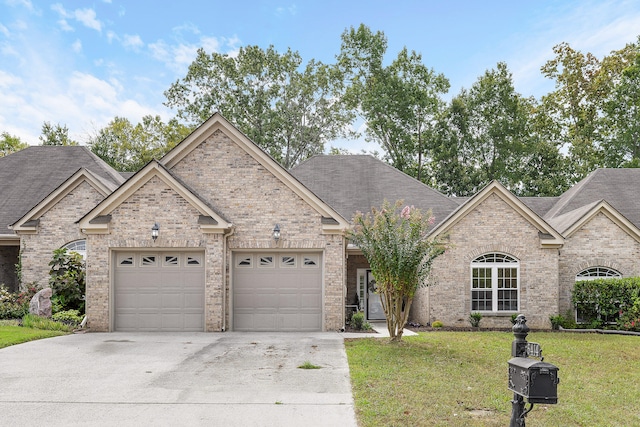 view of front of home with a front yard and a garage