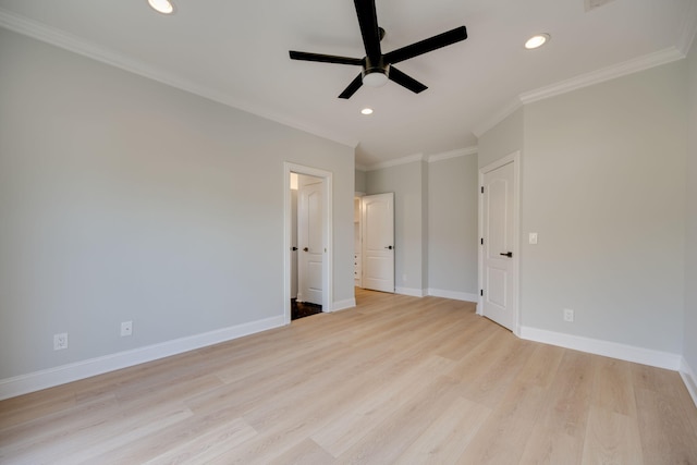 unfurnished bedroom with ceiling fan, ornamental molding, and light wood-type flooring