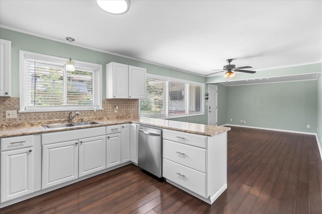 kitchen featuring ceiling fan, sink, stainless steel dishwasher, white cabinetry, and dark hardwood / wood-style floors