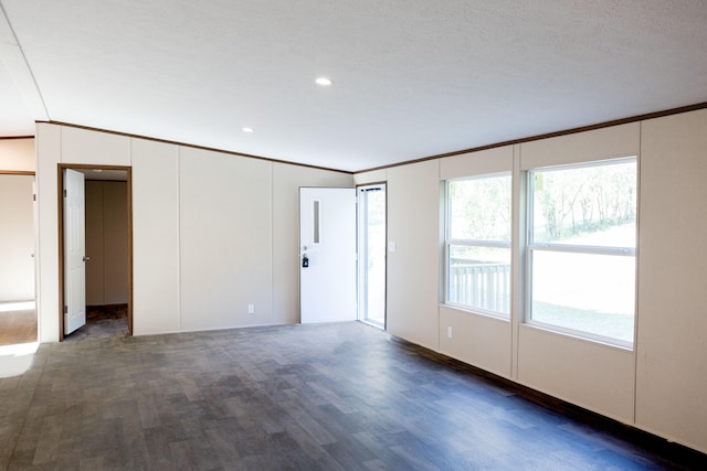 empty room featuring crown molding, dark hardwood / wood-style flooring, and a textured ceiling