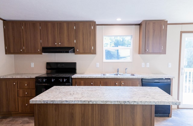 kitchen featuring black appliances, wood-type flooring, sink, and range hood