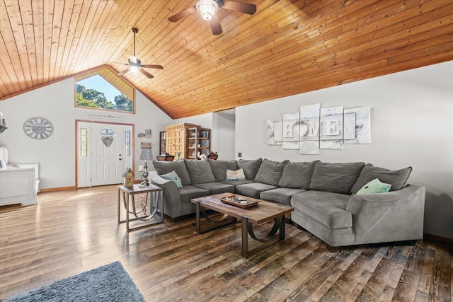 living room with high vaulted ceiling, ceiling fan, wood ceiling, and dark hardwood / wood-style floors