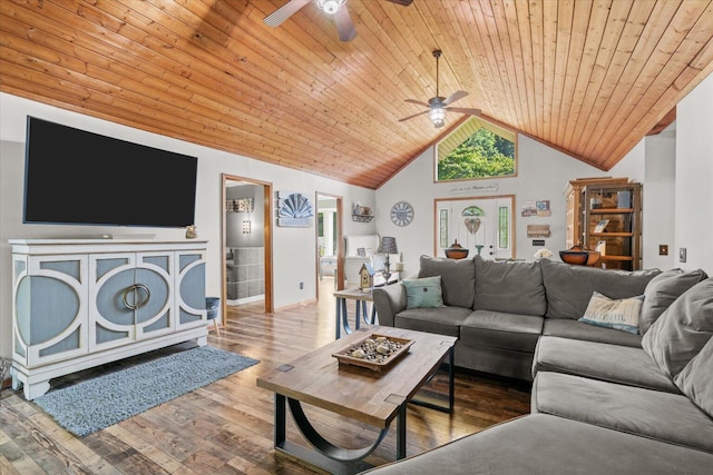 living room featuring wood ceiling, ceiling fan, hardwood / wood-style flooring, and vaulted ceiling