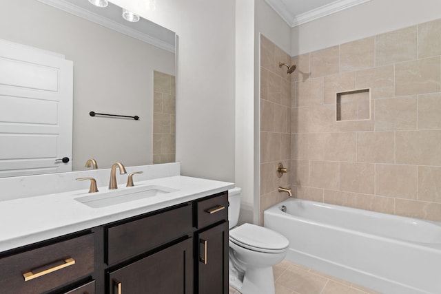 full bathroom with tiled shower / bath combo, tile patterned flooring, vanity, toilet, and ornamental molding