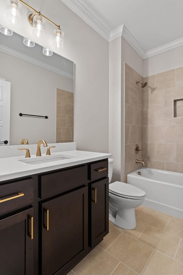 full bathroom featuring toilet, crown molding, tile patterned flooring, vanity, and tiled shower / bath