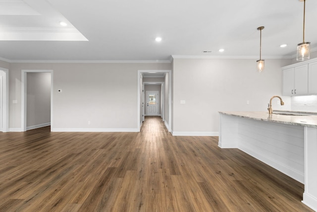 unfurnished living room with dark wood-type flooring, sink, and crown molding