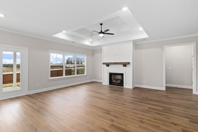 unfurnished living room featuring a large fireplace, a raised ceiling, crown molding, and a healthy amount of sunlight