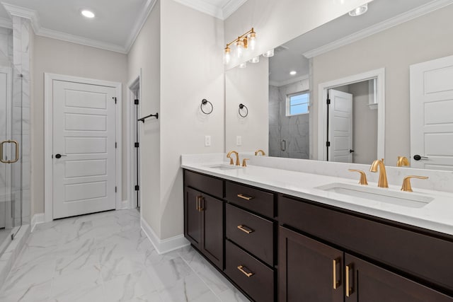 bathroom featuring crown molding, walk in shower, and vanity