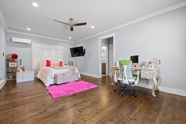 bedroom with an AC wall unit, ceiling fan, dark hardwood / wood-style floors, and ornamental molding