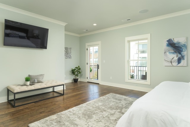 bedroom with access to exterior, ornamental molding, and dark wood-type flooring