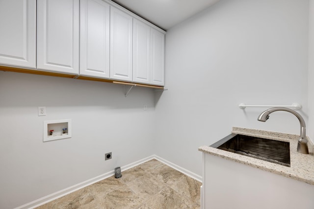 laundry area featuring hookup for a washing machine, cabinets, electric dryer hookup, and sink