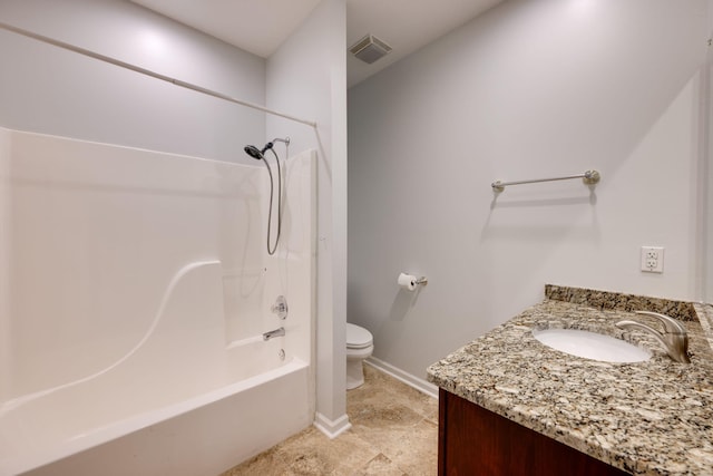 full bathroom featuring vanity, toilet, and  shower combination