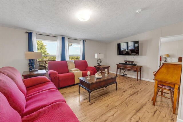 living room with a textured ceiling and light hardwood / wood-style flooring